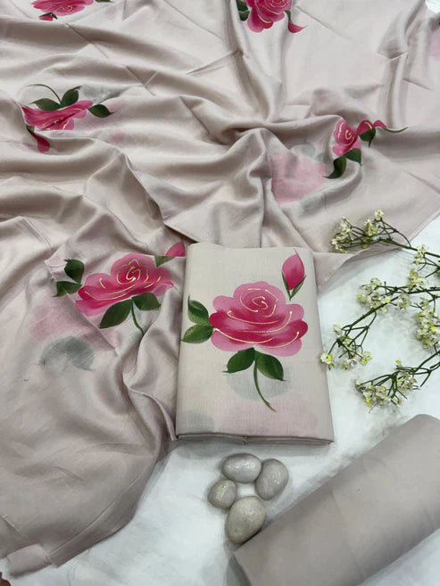 Pure Mulmul Cotton Dress Material 3pcs Beige Rose Handpainted