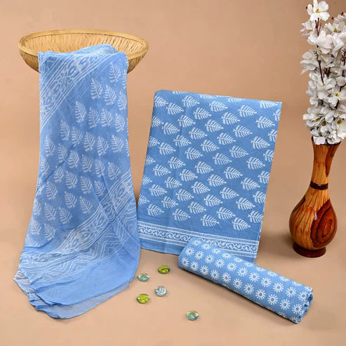 Pure Cotton Dress Material with Chiffon Dupatta 3pcs Light Blue