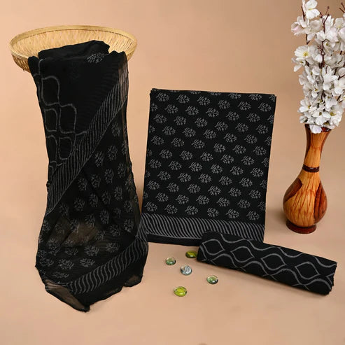 Pure Cotton Dress Material with Chiffon Dupatta 3pcs Black