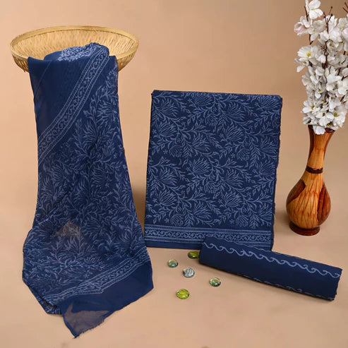 Pure Cotton Dress Material with Chiffon Dupatta 3pcs Blue