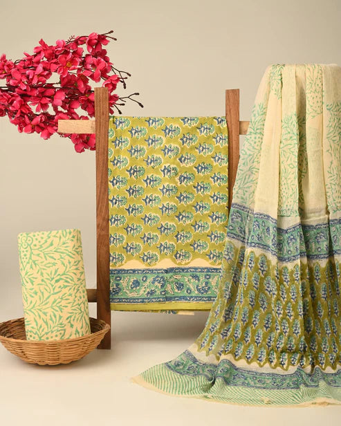 Pure Cotton Dress Material with Chiffon Dupatta 3pcs Green