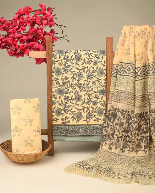 Pure Cotton Dress Material with Chiffon Dupatta 3pcs Cream