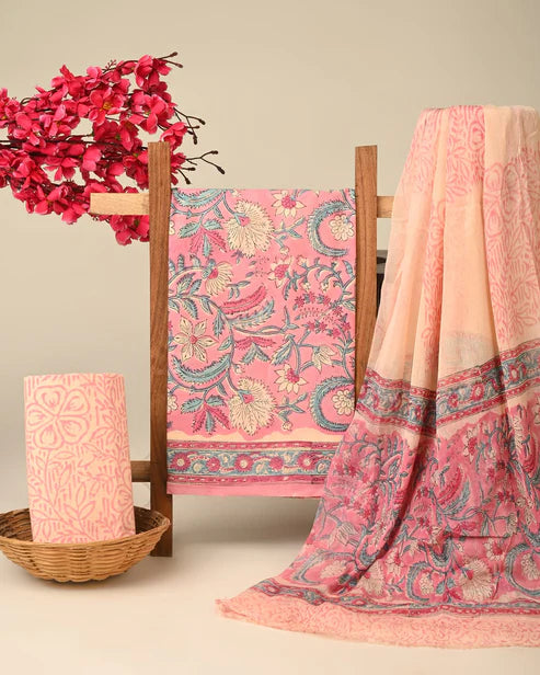 Pure Cotton Dress Material with Chiffon Dupatta 3pcs Pink