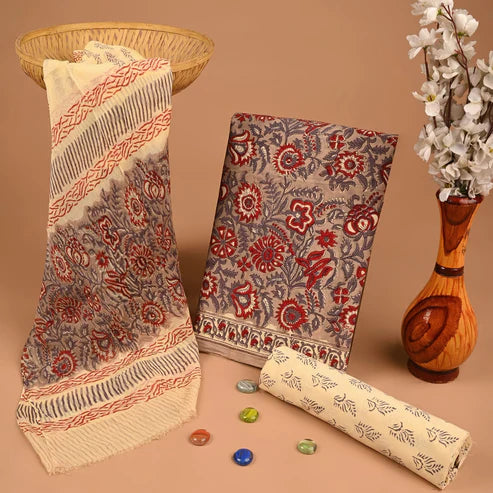 Pure Cotton Dress Material with Chiffon Dupatta 3pcs Brown