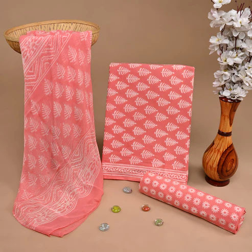 Pure Cotton Dress Material with Chiffon Dupatta 3pcs Peach