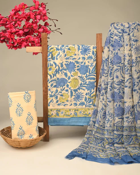 Pure Cotton Dress Material with Chiffon Dupatta 3pcs Cream