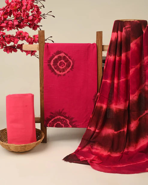 Pure Cotton Dress Material with Chiffon Dupatta 3pcs Maroon