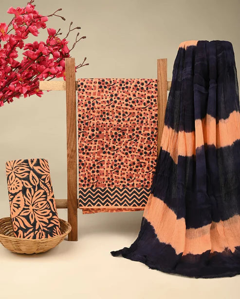 Pure Cotton Dress Material with Chiffon Dupatta 3pcs Peach