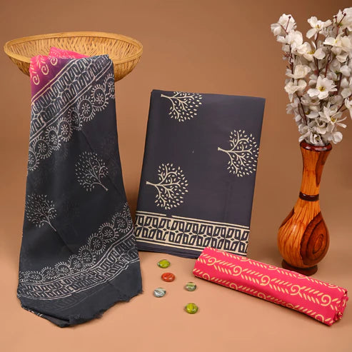 Pure Cotton Dress Material with Chiffon Dupatta 3pcs Grey