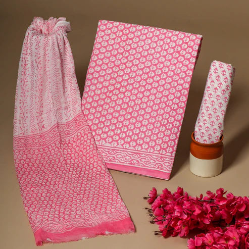 Pure Cotton Dress Material with Chiffon Dupatta 3pcs Pink