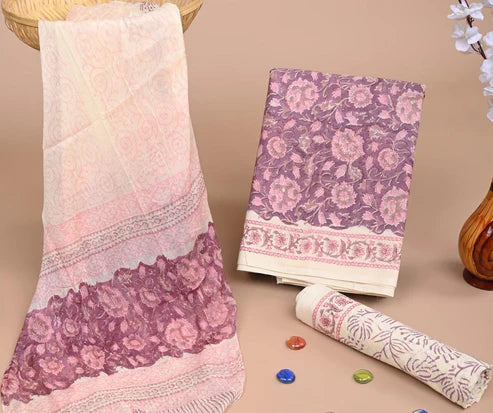 Pure Cotton Dress Material with Chiffon Dupatta 3pcs Purple