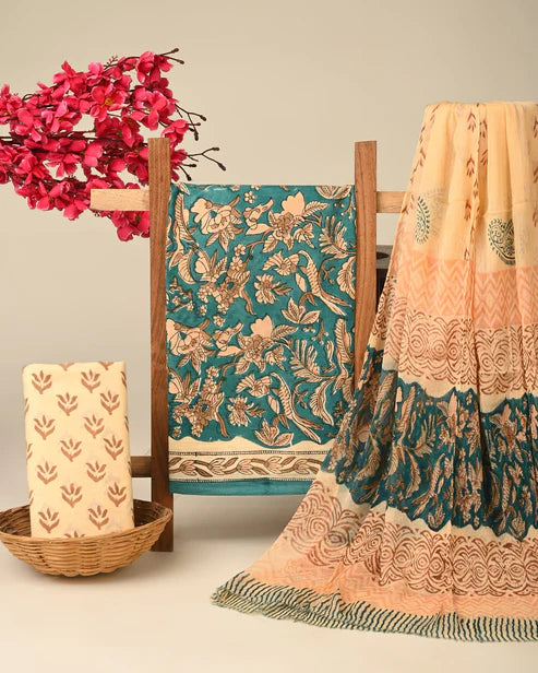 Pure Cotton Dress Material with Chiffon Dupatta 3pcs Rama Green