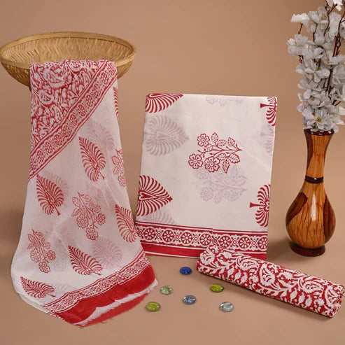Pure Cotton Dress Material with Chiffon Dupatta 3pcs Red