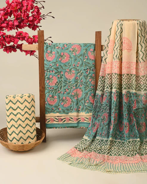 Pure Cotton Dress Material with Chiffon Dupatta 3pcs Sea Green