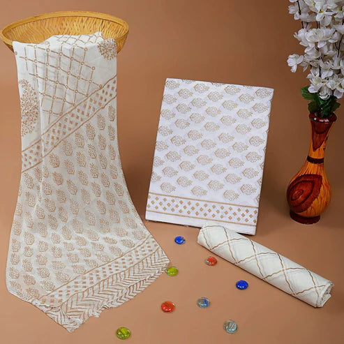 Pure Cotton Dress Material with Chiffon Dupatta 3pcs White Gold