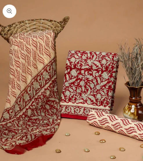 Pure Cotton Dress Material with Chiffon Dupatta 3pcs Maroon