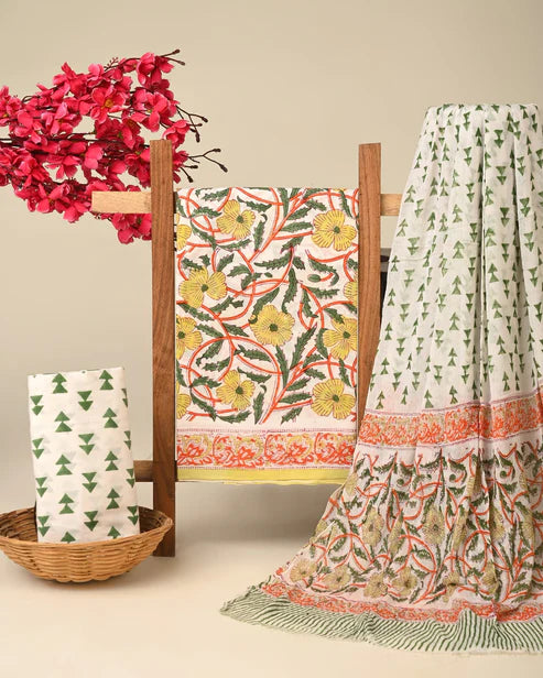 Pure Cotton Dress Material with Chiffon Dupatta 3pcs Yellow