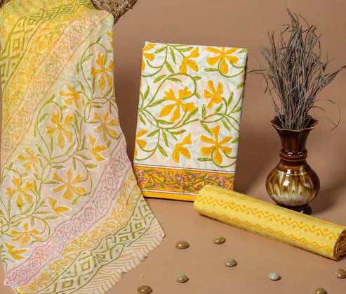 Pure Cotton Dress Material with Chiffon Dupatta 3pcs Yellow