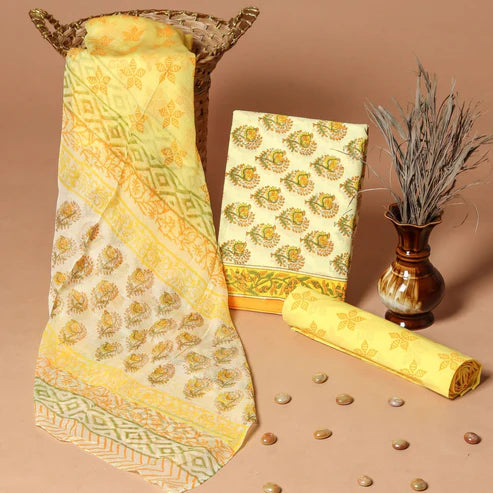Pure Cotton Dress Material with Chiffon Dupatta 3pcs Yellow