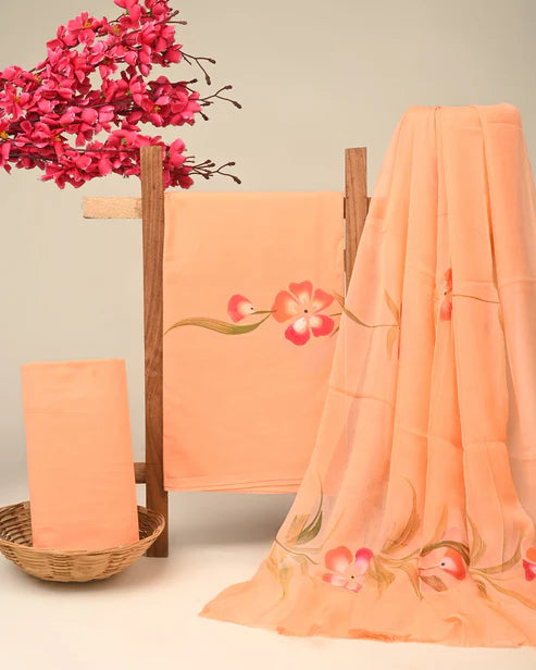 Pure Cotton Dress Material with Chiffon Dupatta 3pcs Peach