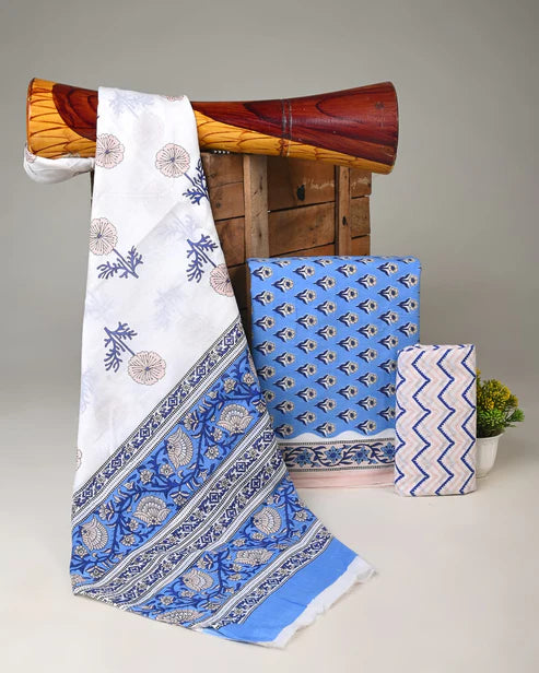 Pure Mulmul Cotton Dress Material 3pcs Blue