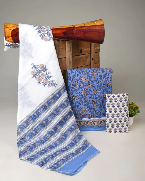 Pure Mulmul Cotton Dress Material 3pcs Blue