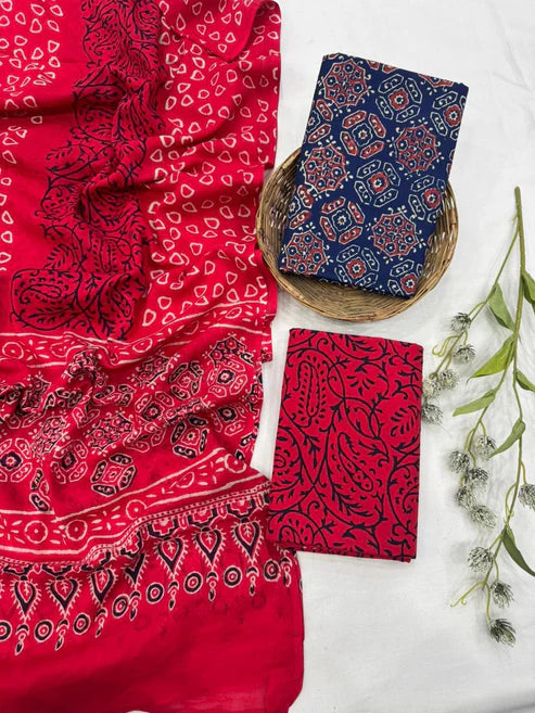 Pure Mulmul Cotton Dress Material 3pcs Blue