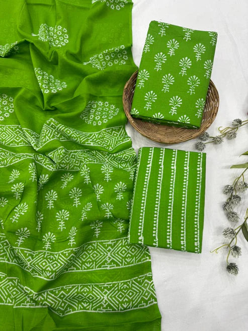 Pure Mulmul Cotton Dress Material 3pcs Green