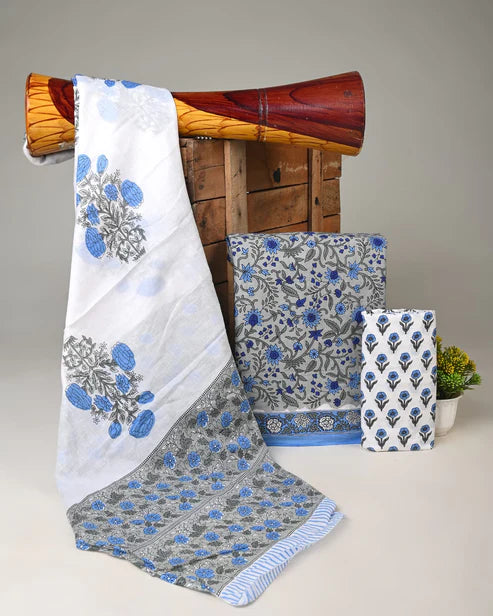 Pure Mulmul Cotton Dress Material 3pcs Grey Blue