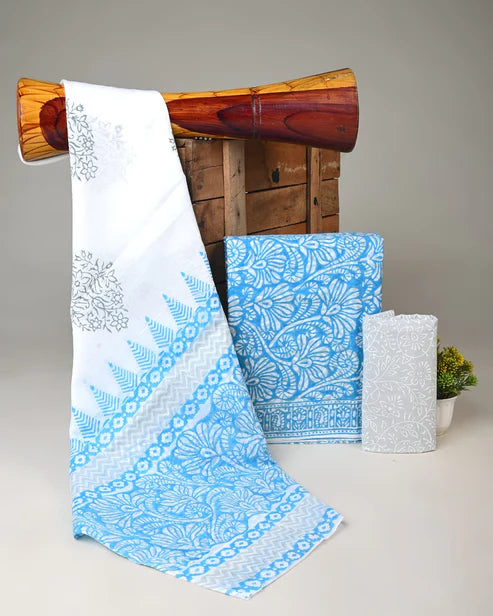 Pure Mulmul Cotton Dress Material 3pcs Light Blue