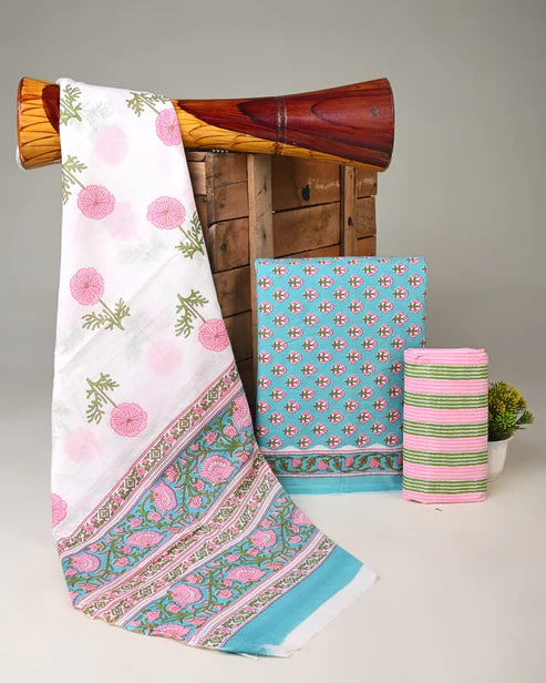 Pure Mulmul Cotton Dress Material 3pcs Blue