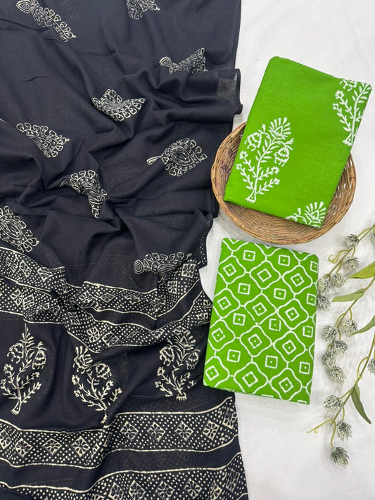 Pure Mulmul Cotton Dress Material 3pcs Green