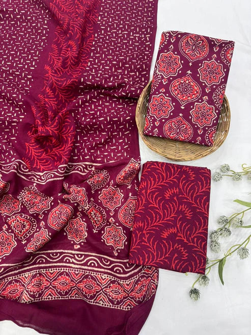 Pure Mulmul Cotton Dress Material 3pcs Maroon