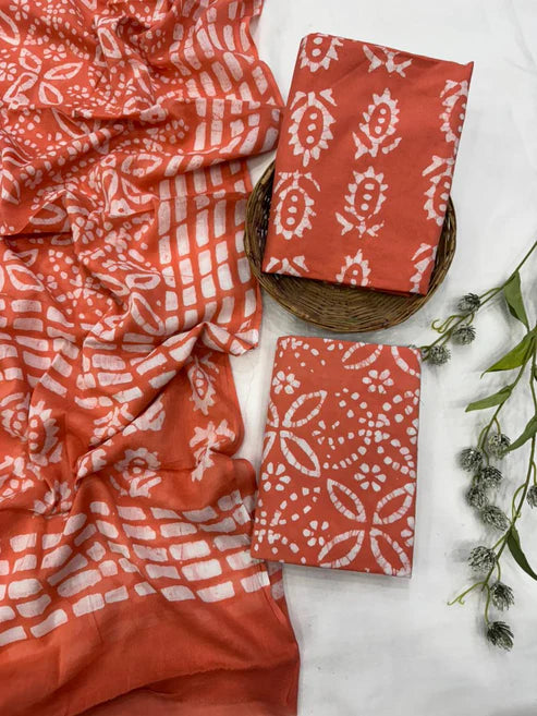 Pure Mulmul Cotton Dress Material 3pcs Orange