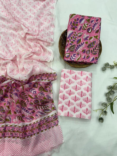 Pure Mulmul Cotton Dress Material 3pcs Pink