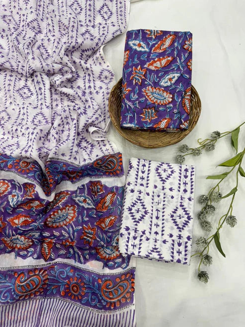 Pure Mulmul Cotton Dress Material 3pcs Purple
