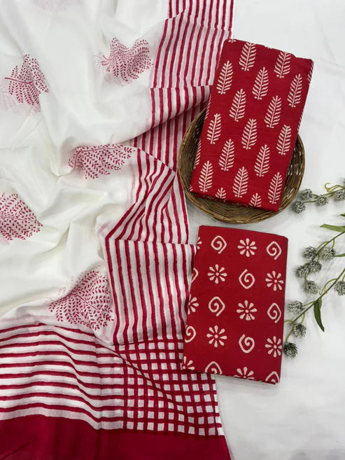 Pure Mulmul Cotton Dress Material 3pcs Red White