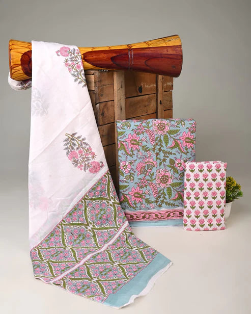 Pure Mulmul Cotton Dress Material 3pcs Sea Green