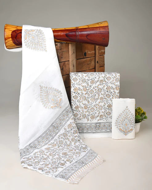 Pure Mulmul Cotton Dress Material 3pcs White Gold