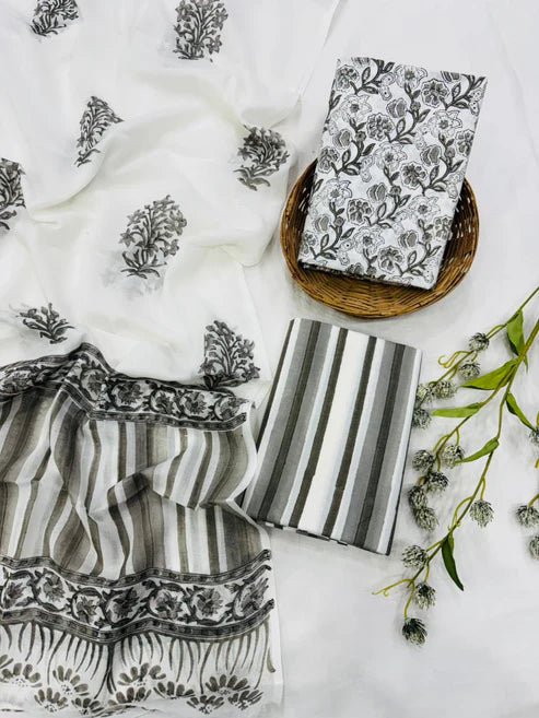 Pure Mulmul Cotton Dress Material 3pcs White Grey