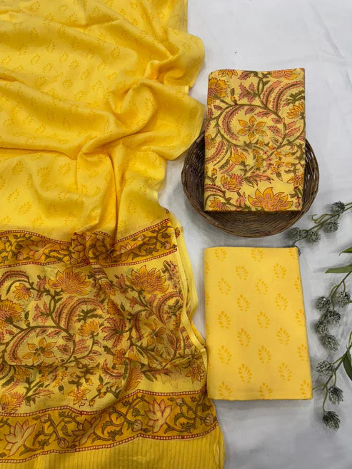 Pure Mulmul Cotton Dress Material 3pcs Yellow