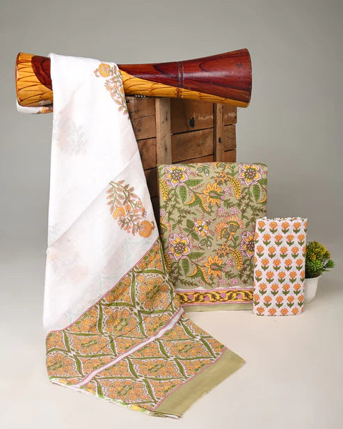 Pure Mulmul Cotton Dress Material 3pcs Olive Green