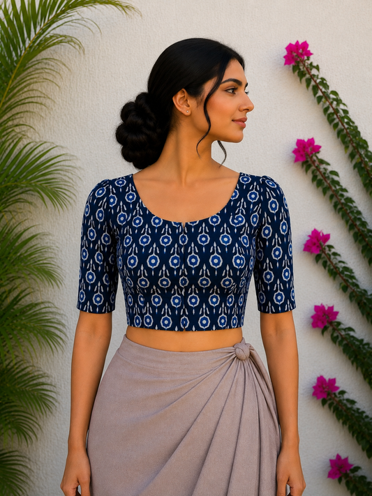 INDIGO FLOWER SILK READYMADE BLOUSE