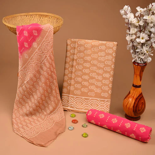 Pure Cotton Dress Material with Chiffon Dupatta 3pcs Peach