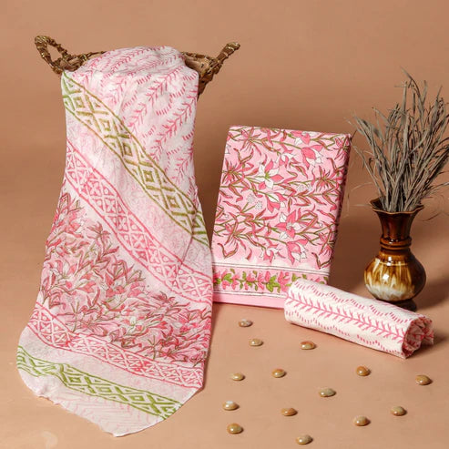 Pure Cotton Dress Material with Chiffon Dupatta 3pcs Pink and White