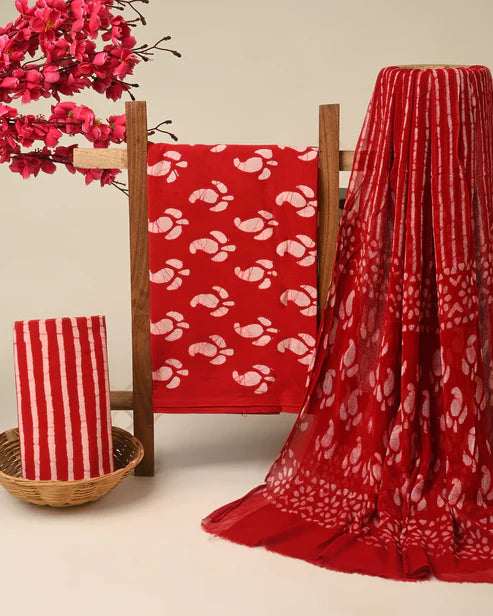 Pure Cotton Dress Material with Chiffon Dupatta 3pcs Red Paisley Butta