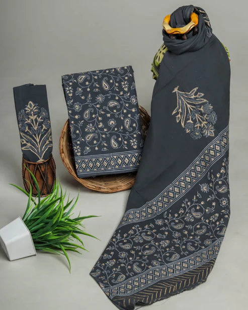 Pure Mulmul Cotton Dress Material 3pcs Grey