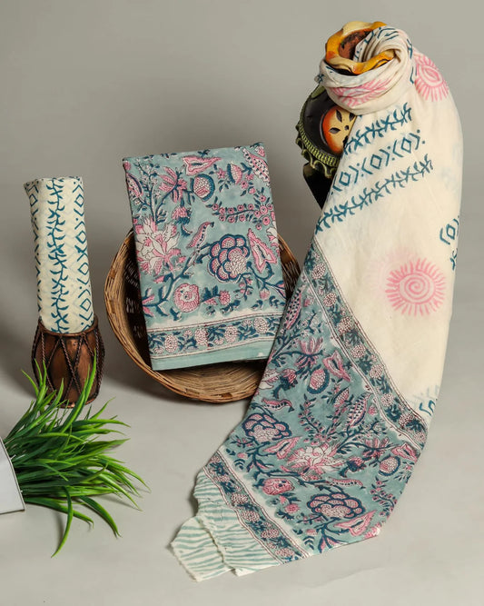 Pure Mulmul Cotton Dress Material 3pcs Blue Cream