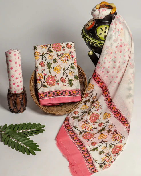 Pure Mulmul Cotton Dress Material 3pcs Pink