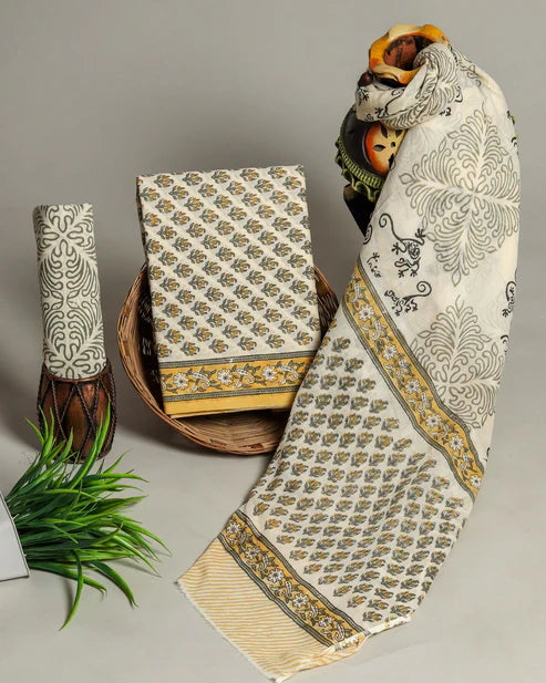 Pure Mulmul Cotton Dress Material 3pcs Cream Grey